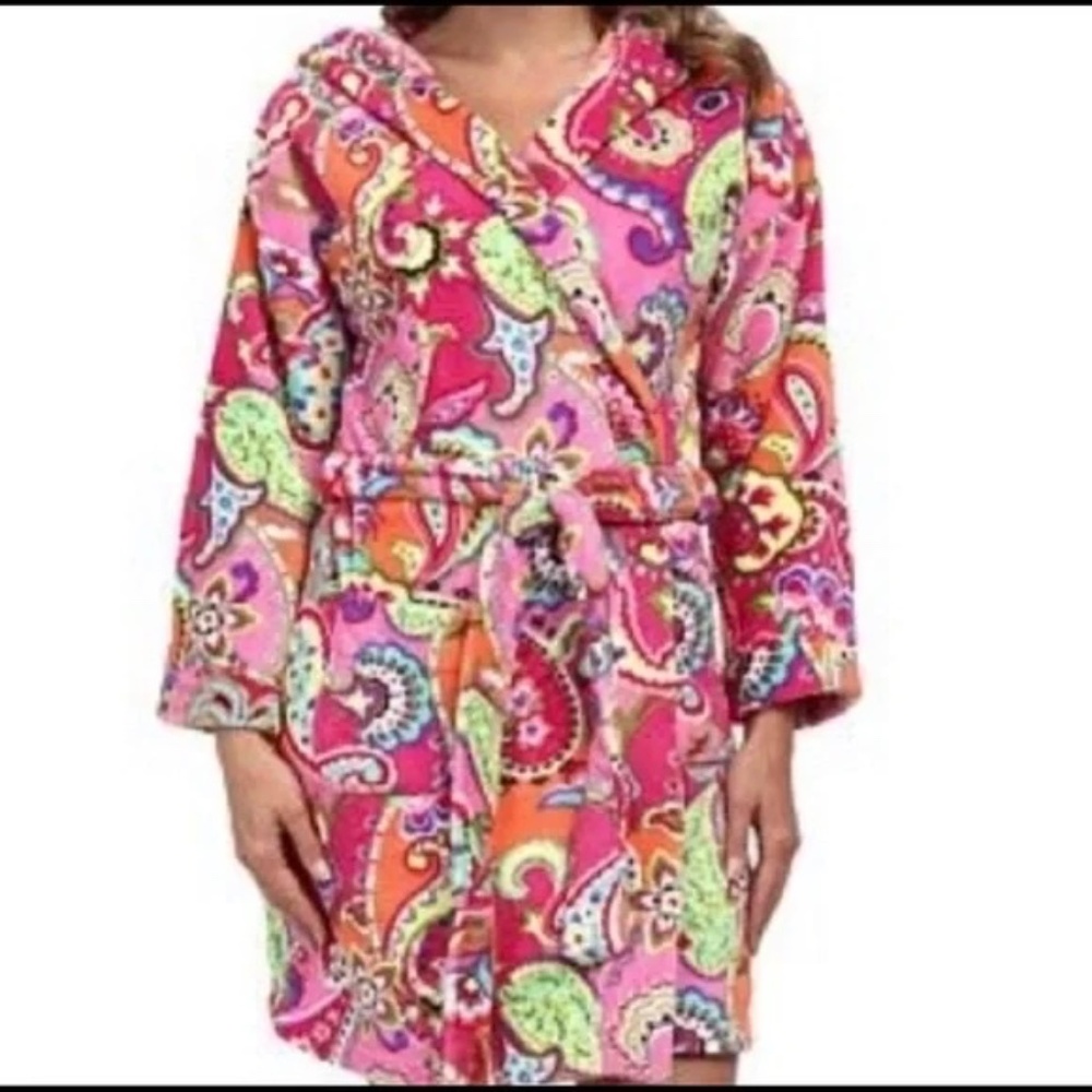 Vera Bradley Pink Paisley Sherpa Fleece Plush Soft Hooded Robe Bathrobe Pockets - Picture 2 of 11